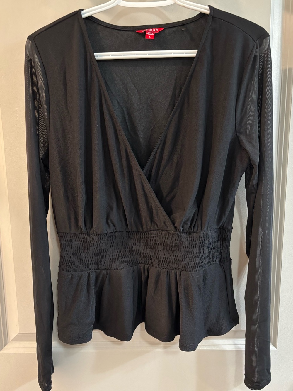 Guess Black V-Neck Smocked Peplum Blouse-size L